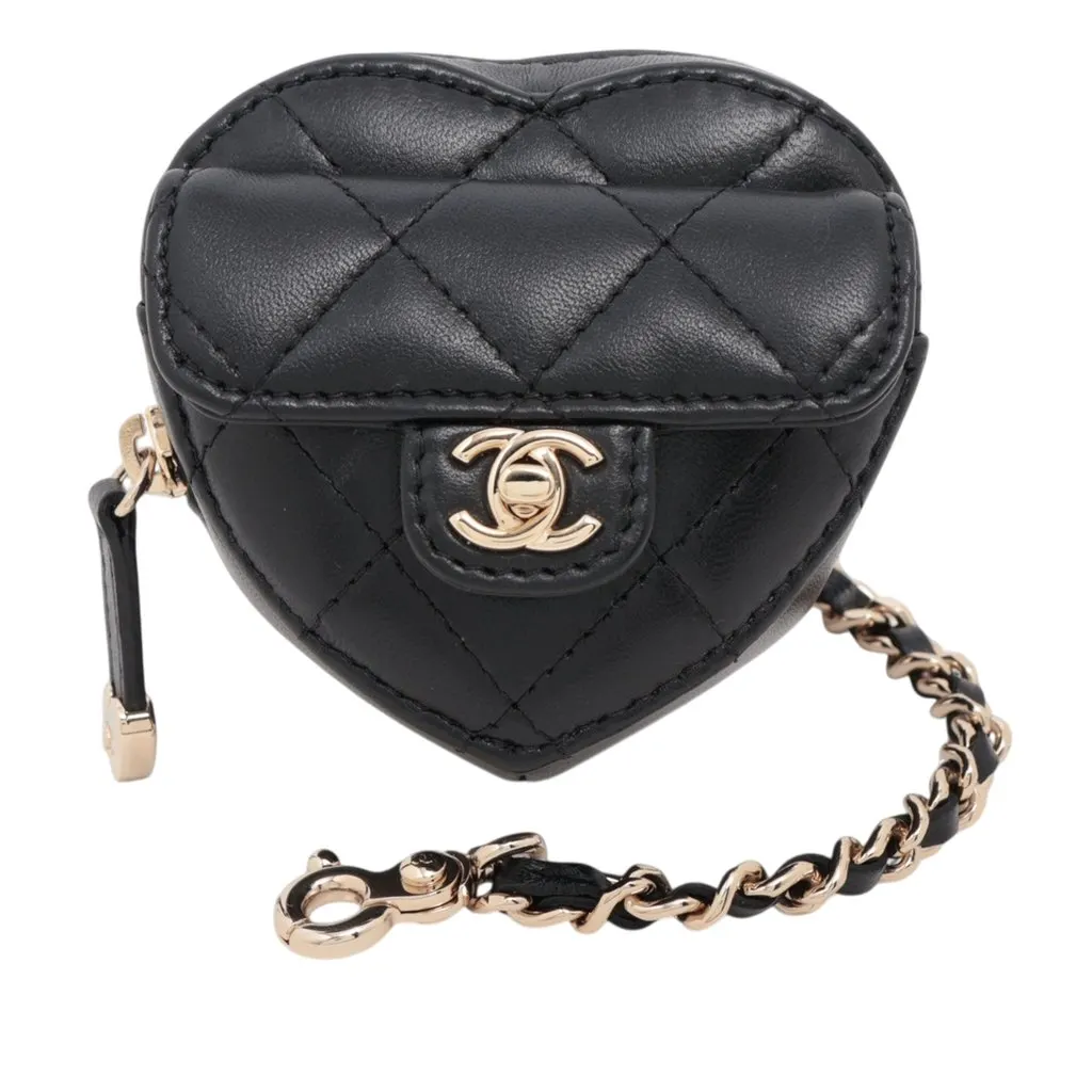 Chanel Mini Lambskin CC in Love Heart Key Chain and Bag Charm Black Leather Very good - Front View