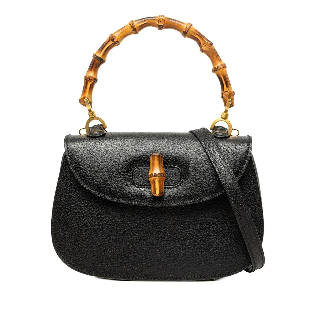 Gucci Small Grained Calfskin Bamboo Night Black Leather Very good - Front View
