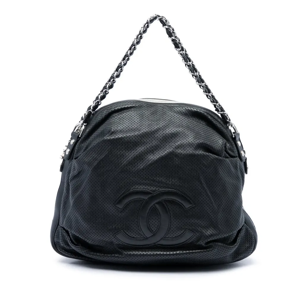 Chanel Perforated Lambskin Baseball Spirit Ligne Hobo Black Leather Very good - Front View