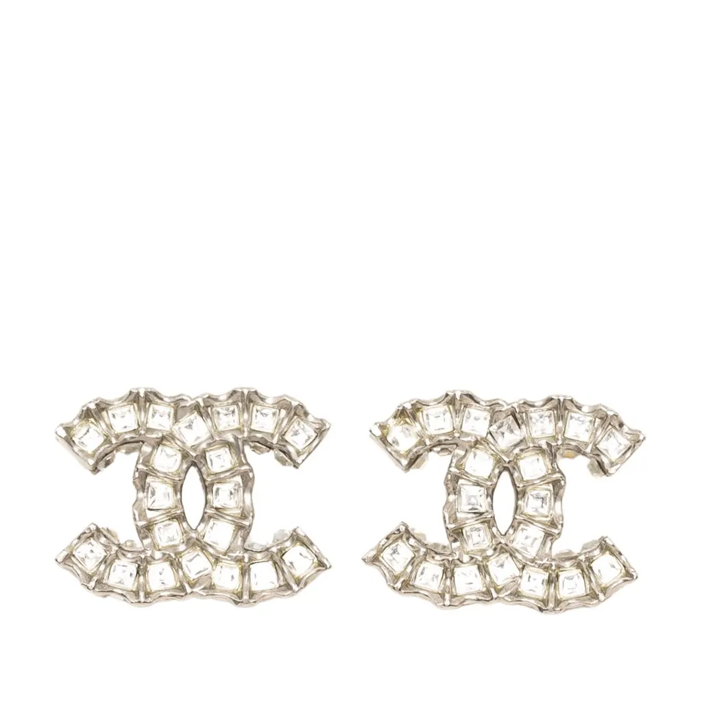 Chanel CC Brass Strass Push Back Earrings Silver Metal Very good - Front View
