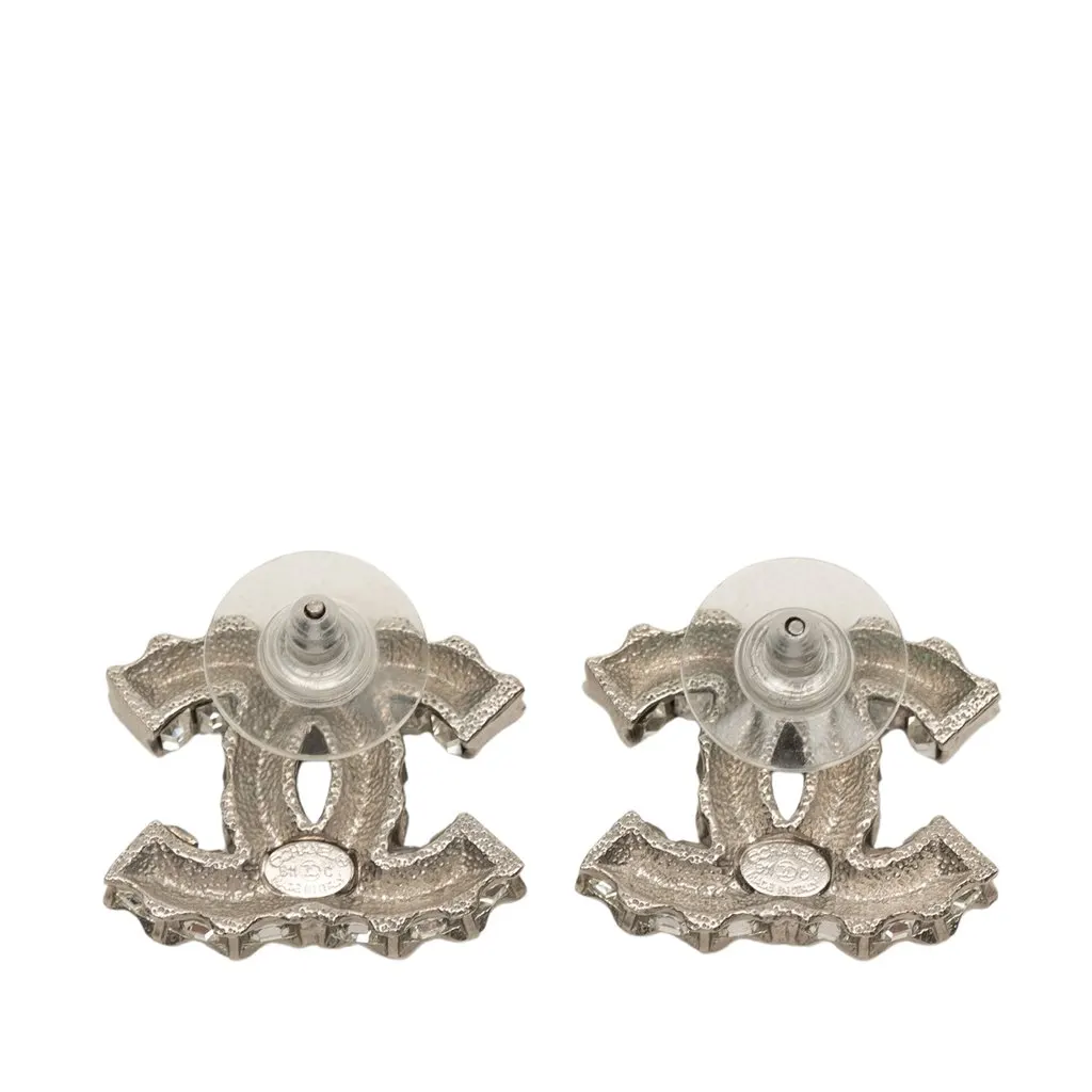 Chanel CC Brass Strass Push Back Earrings Silver Metal Very good - Back View