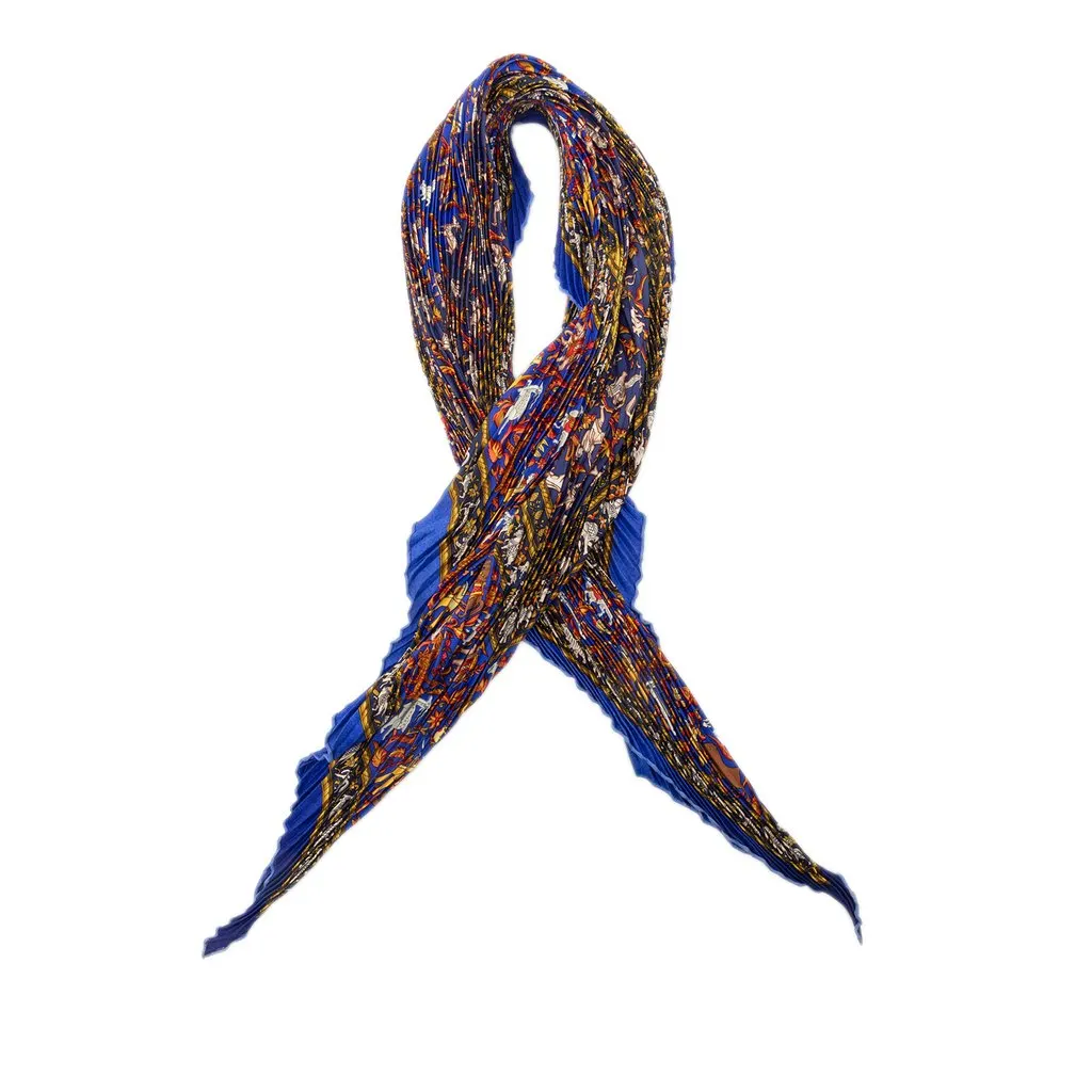 Hermès Chasse en Inde Pleated Silk Scarf 140 Blue Silk Good - Front View
