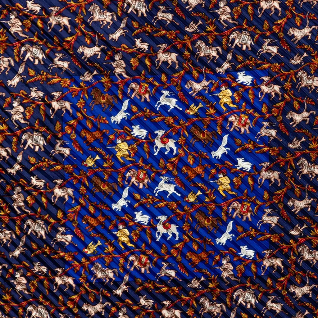 Hermès Chasse en Inde Pleated Silk Scarf 140 Blue Silk Good - Back View