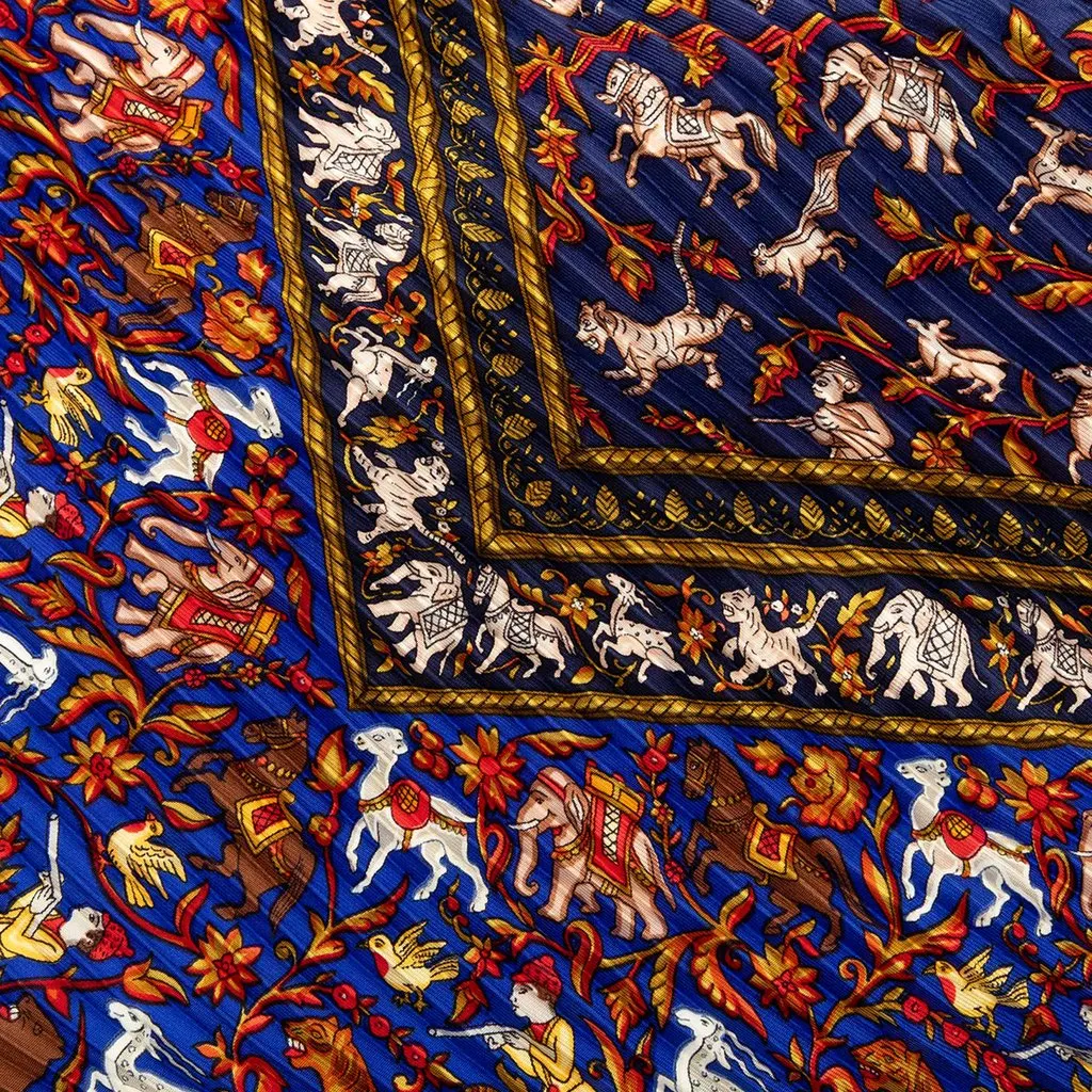 Hermès Chasse en Inde Pleated Silk Scarf 140 Blue Silk Good - Inside View