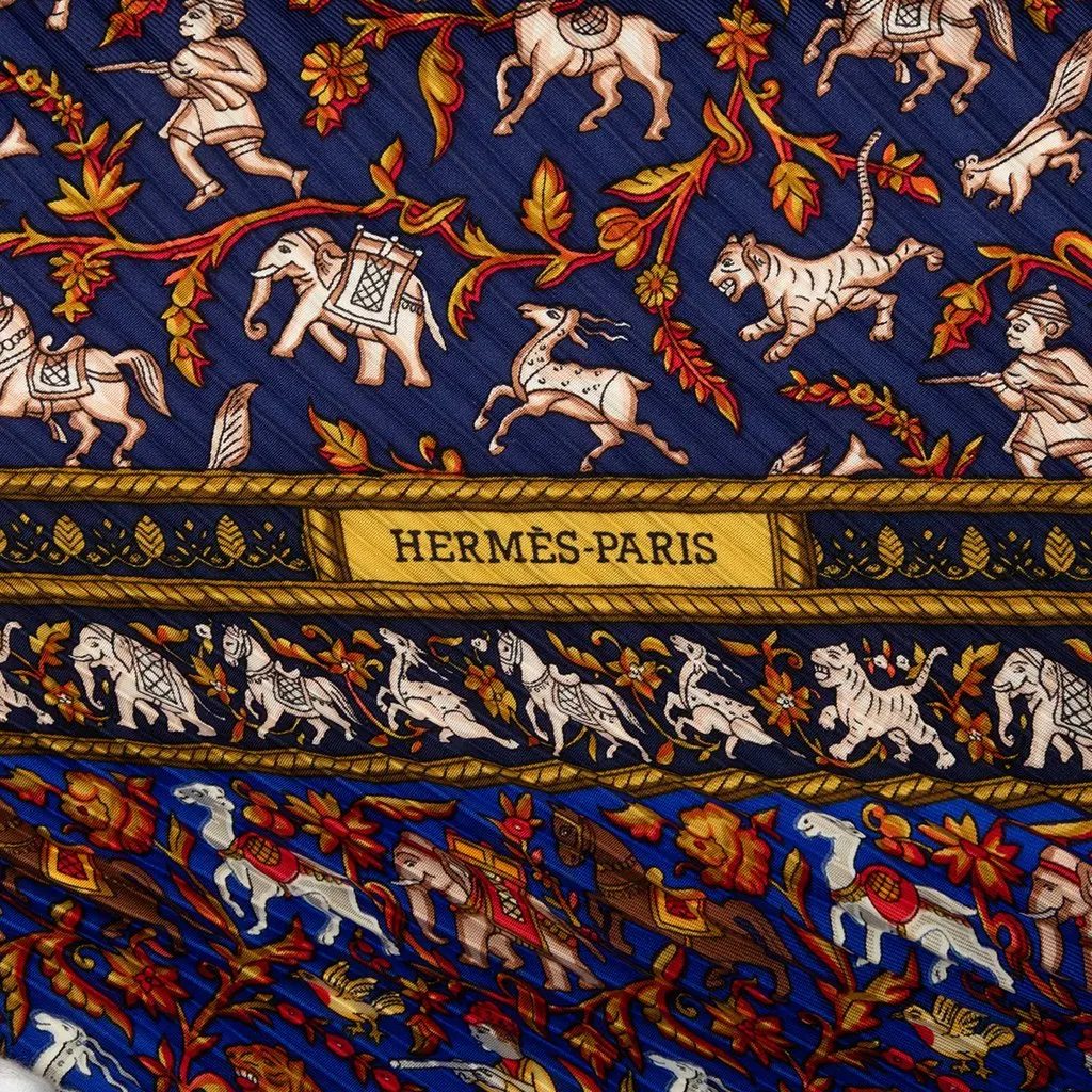 Hermès Chasse en Inde Pleated Silk Scarf 140 Blue Silk Good - Model View