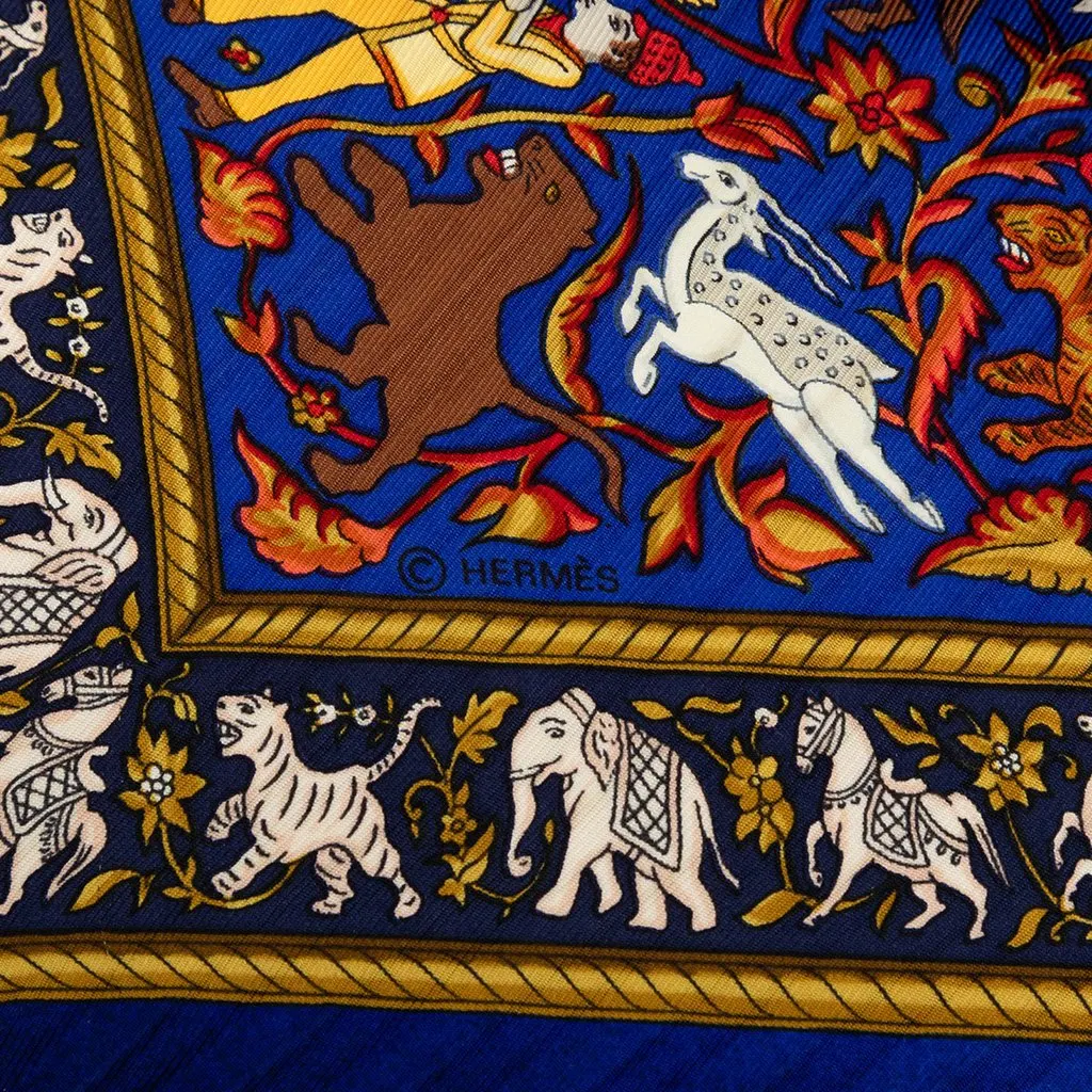 Hermès Chasse en Inde Pleated Silk Scarf 140 Blue Silk Good - Box View