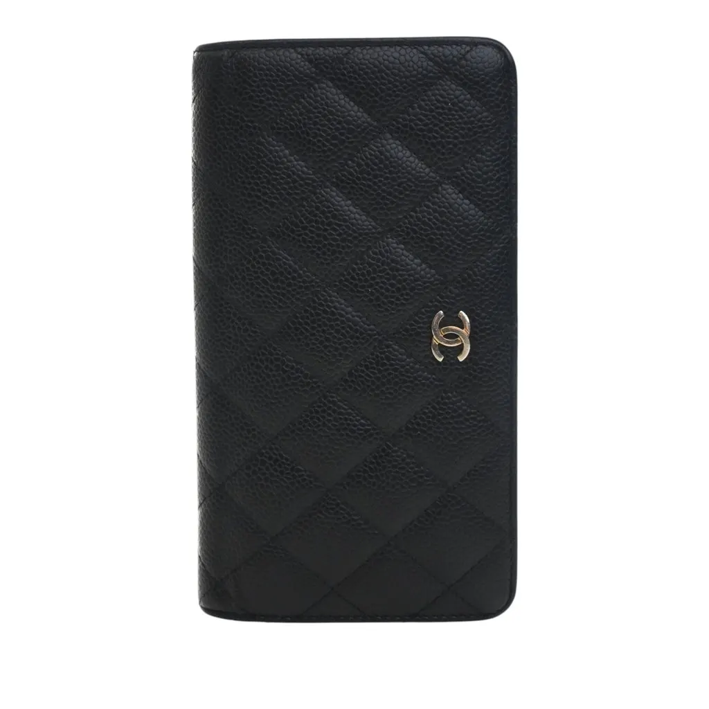 Chanel CC Quilted Caviar Yen Bifold Long Wallet Black Leather Very good - Front View