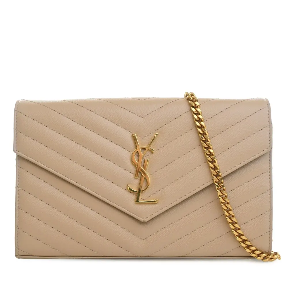 Saint Laurent Grain De Poudre Chevron Classic Cassandre Chain Wallet Beige Leather Very good - Front View