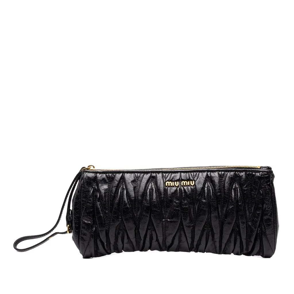 Miu Miu Matelasse Nappa Lux Wristlet Clutch Black Leather Good - Front View