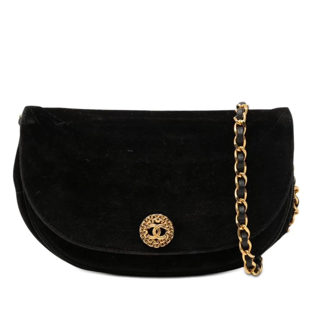 Chanel CC Quilted Velvet Half Moon Flap Black Very good - Front View
