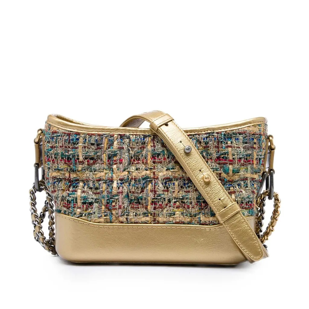 Chanel Small Tweed and Metallic Calfskin Gabrielle Crossbody Gold Tweed Good - Front View
