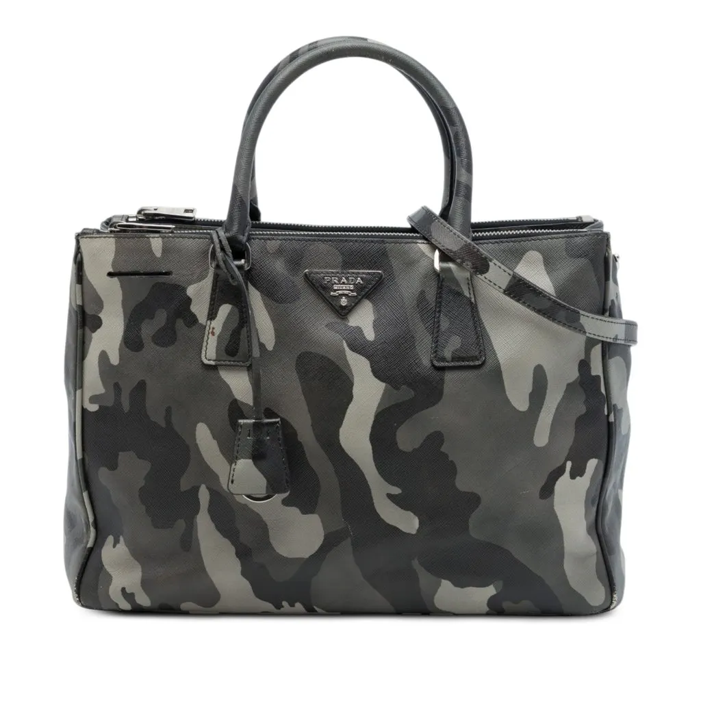 Prada Medium Saffiano Lux Camouflage Galleria Double Zip Satchel Grey Leather Very good - Front View