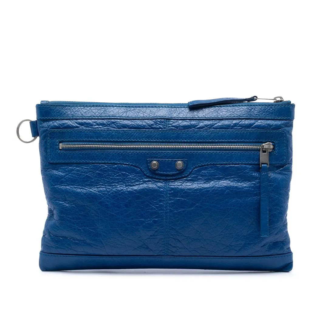 Balenciaga Lambskin Motocross Classic Clip M Clutch Blue Leather Very good - Front View