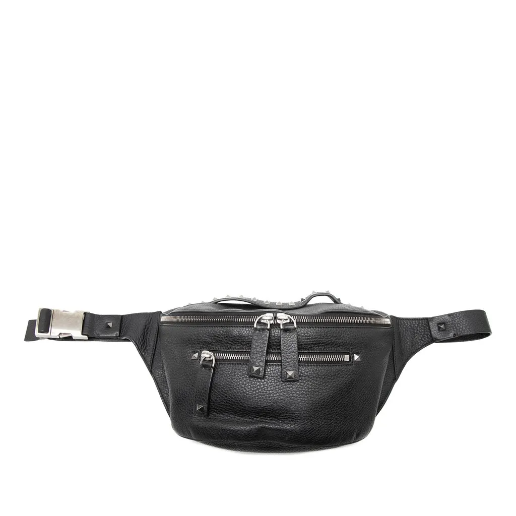 Valentino Pebbled Calfskin Rockstud Belt Bag Black Leather Very good - Front View