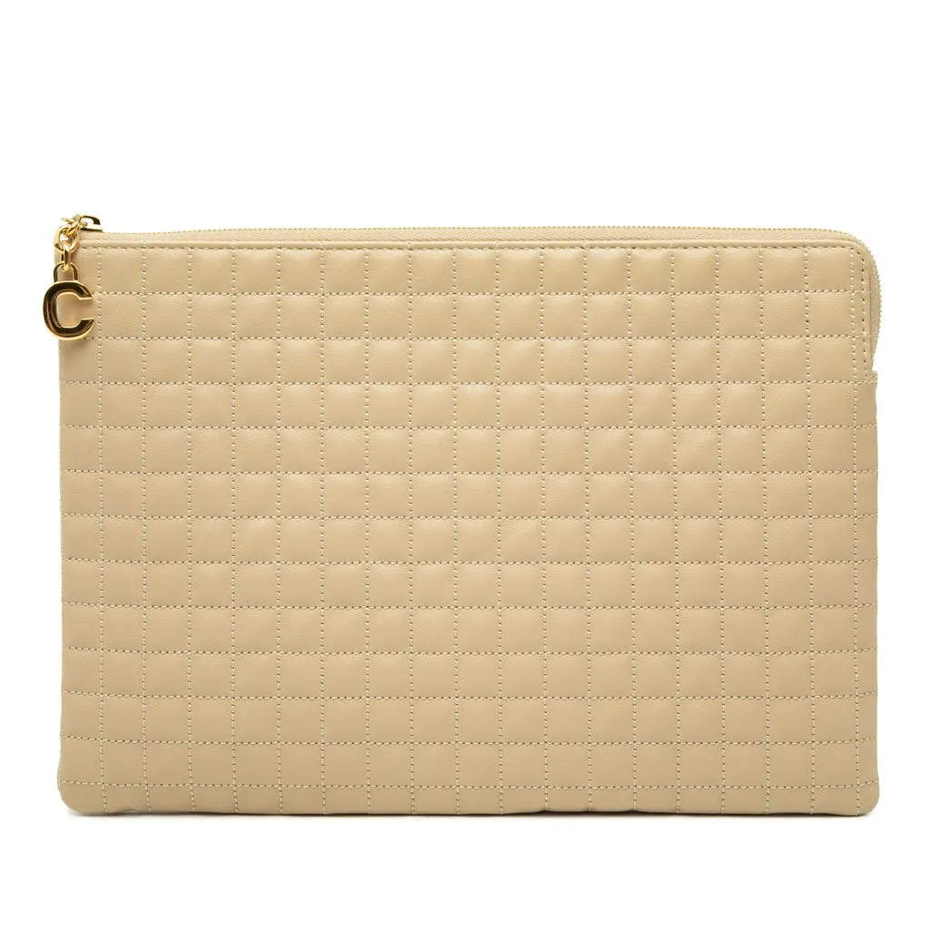 Celine Quilted Calfskin C Charm Clutch Beige Leather Very good - Front View