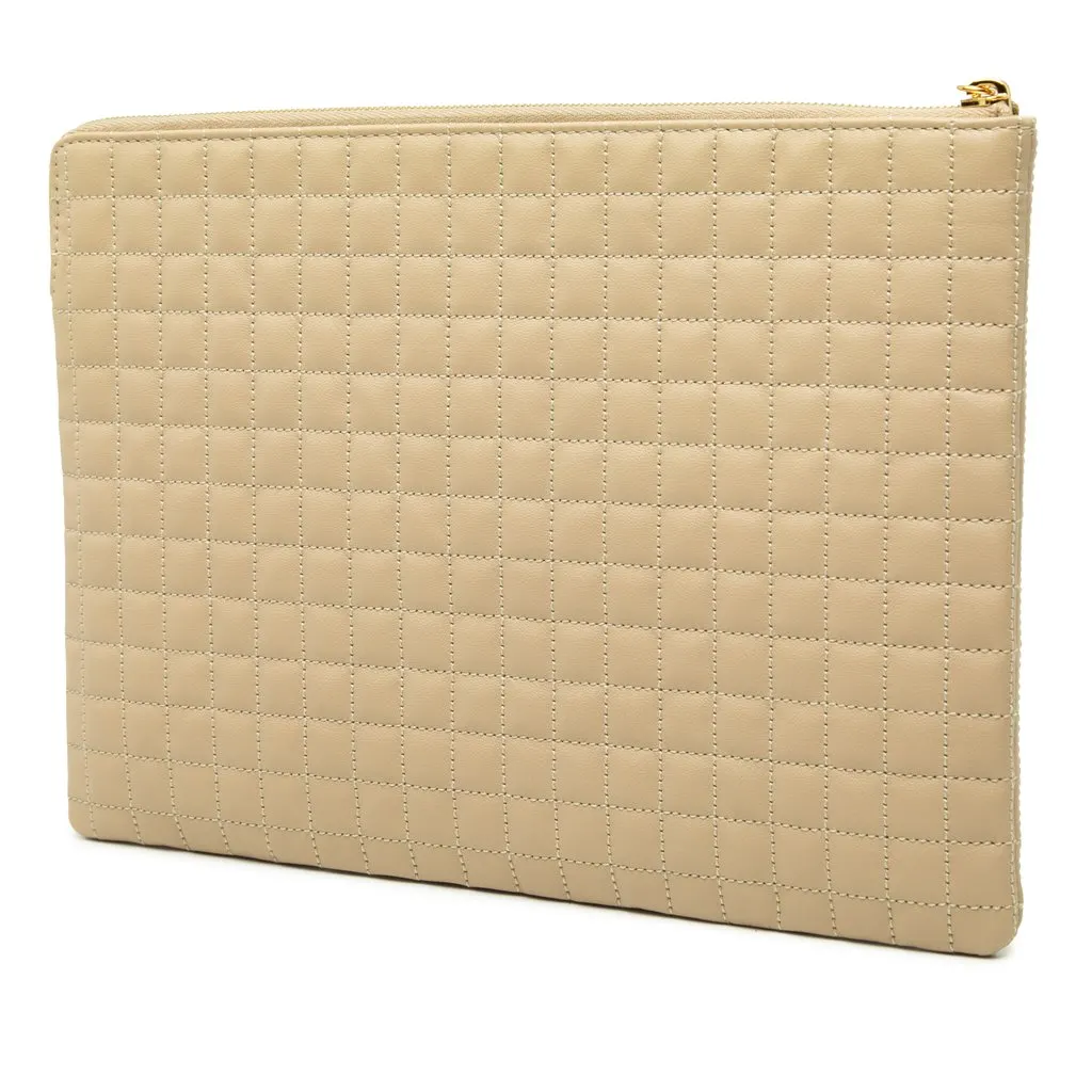 Celine Quilted Calfskin C Charm Clutch Beige Leather Very good - Back View