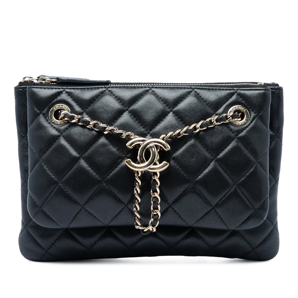 Chanel Quilted Lambskin Double Case with Chain Black Leather Very good - Front View