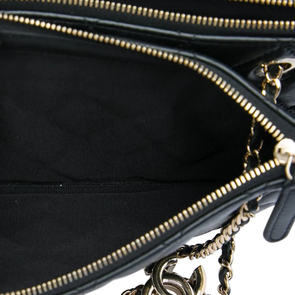 Chanel Quilted Lambskin Double Case with Chain Black Leather Very good - Box View