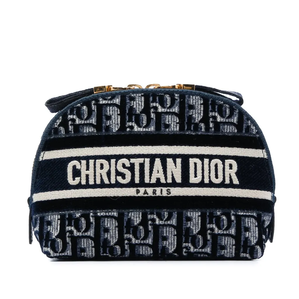 Dior Oblique Embroidered Velvet Cosmetic Pouch Blue Velvet Very good - Front View