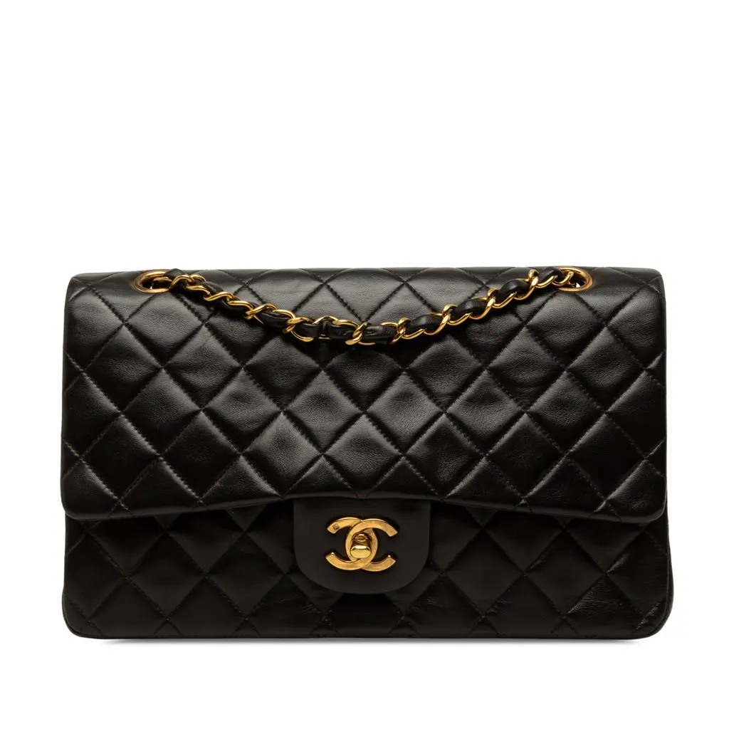 Chanel Medium Classic Lambskin Double Flap Black Leather Good - Front View
