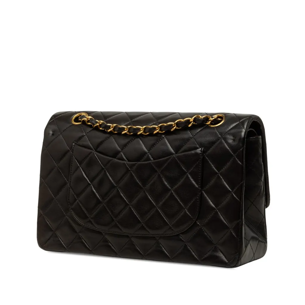 Chanel Medium Classic Lambskin Double Flap Black Leather Good - Back View