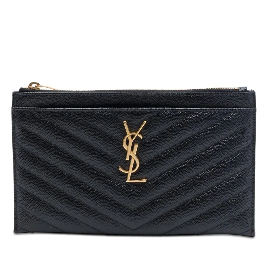 Saint Laurent Chevron Grain De Poudre Monogram Bill Pouch Black Leather Very good - Front View