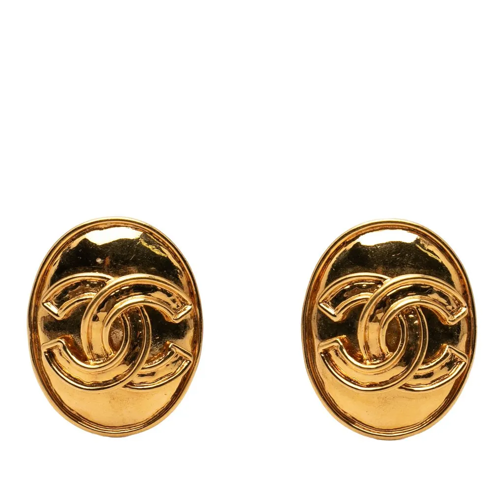 Chanel CC Gold Plated Oval Clip on Earrings Gold Metal Very good - Front View