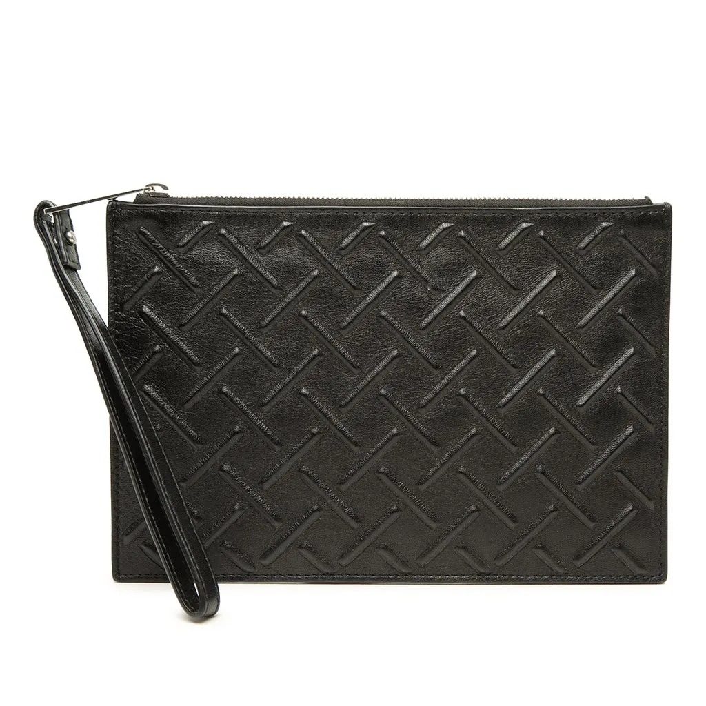 Bottega Veneta Embossed Nappa Zip Pouch Black Leather Very good - Front View