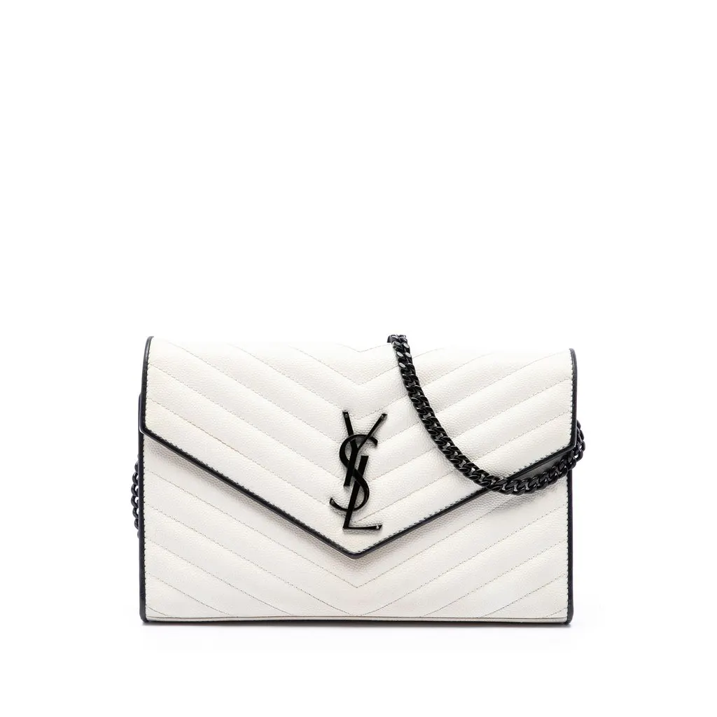 Saint Laurent Bicolor Grain De Poudre Chevron Classic Cassandre Chain Wallet White Leather Good - Front View