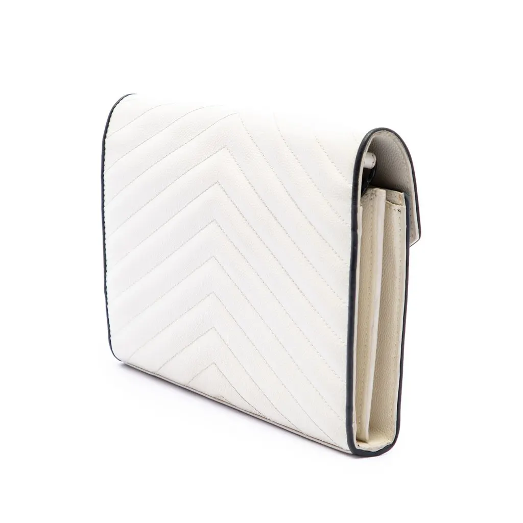 Saint Laurent Bicolor Grain De Poudre Chevron Classic Cassandre Chain Wallet White Leather Good - Back View