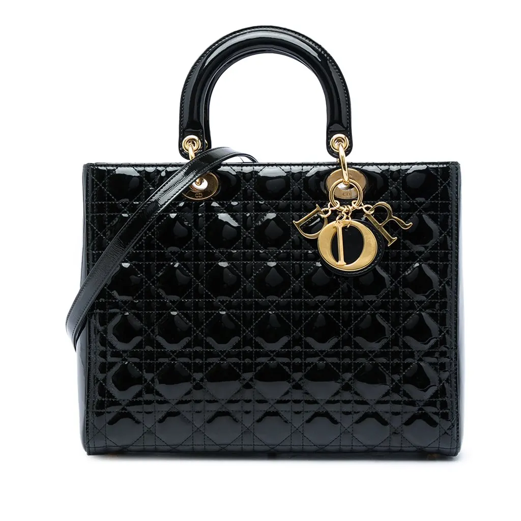 Dior Large Patent Cannage Lady Dior Black Leather Good - Front View