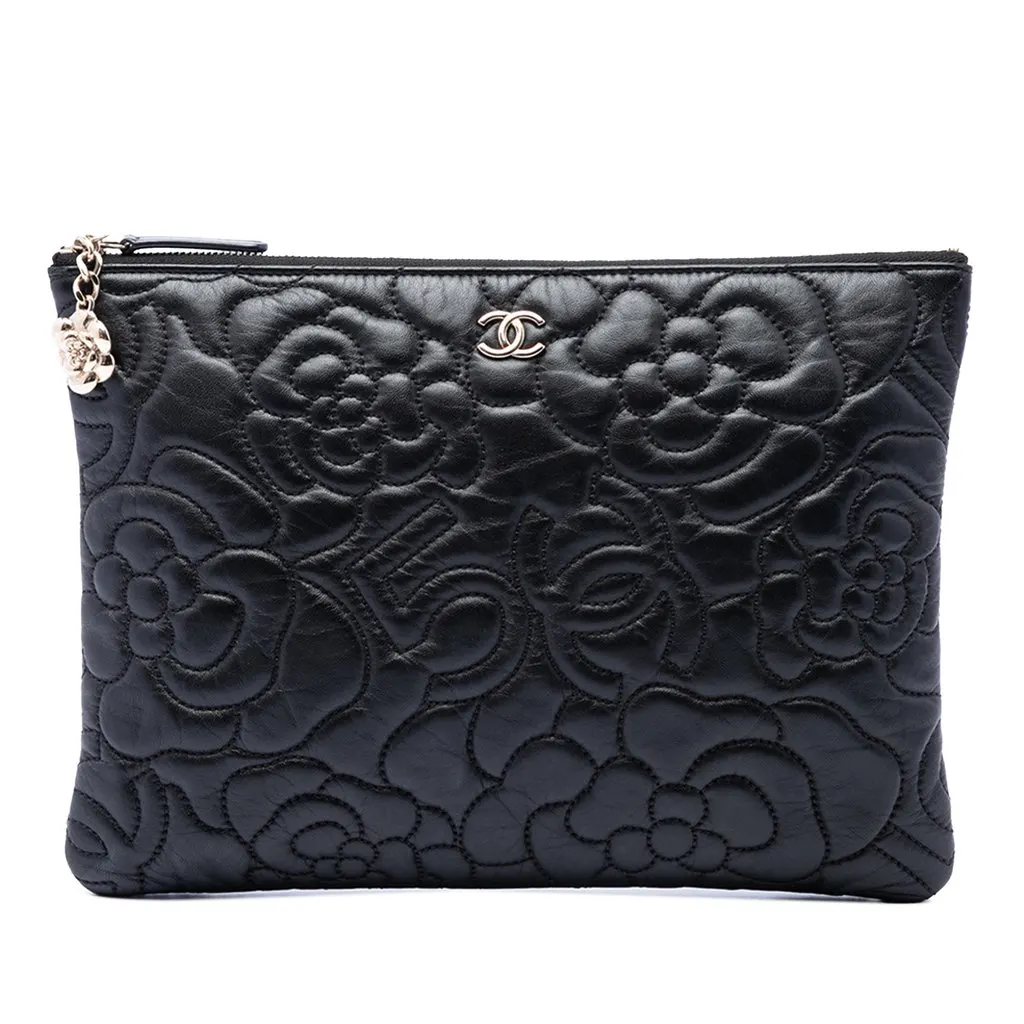 Chanel Medium CC Embossed Lambskin Camellia No 5 O Case Clutch Black Leather Very good - Front View