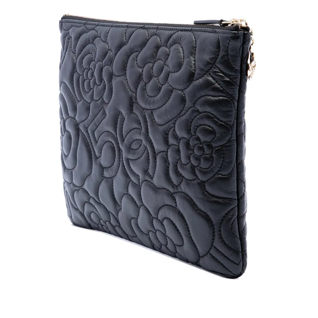 Chanel Medium CC Embossed Lambskin Camellia No 5 O Case Clutch Black Leather Very good - Back View