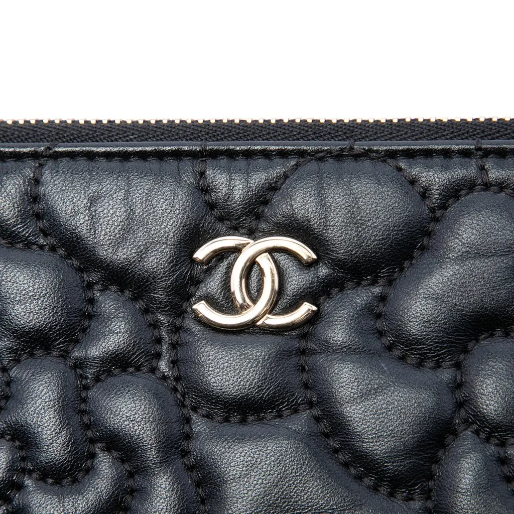 Chanel Medium CC Embossed Lambskin Camellia No 5 O Case Clutch Black Leather Very good - Box View