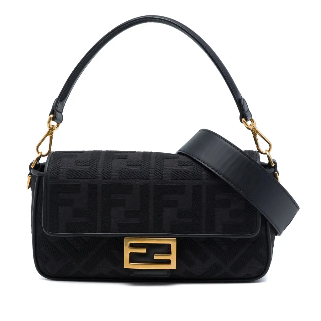 Fendi Zucca Embroidered Canvas Baguette Satchel Black Very good - Front View