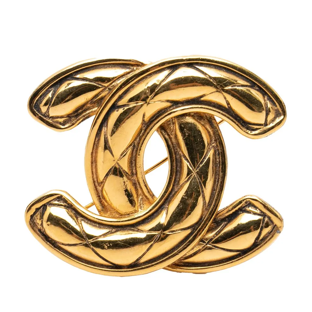 Chanel CC Gold Plated Quilted Brooch Gold Metal Very good - Front View