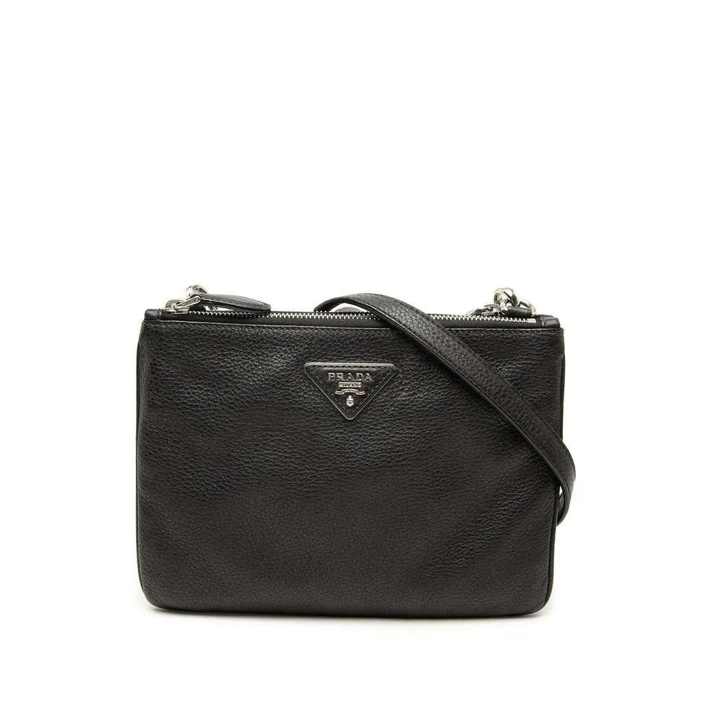Prada Vitello Phenix Double Zip Crossbody Black Small Leathe