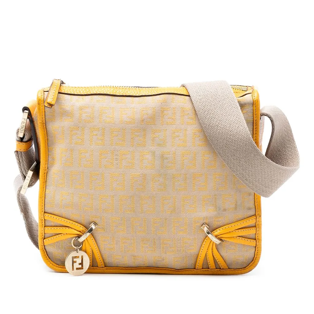 Fendi Zucchino Canvas F Charm Crossbody Beige Very good - Front View
