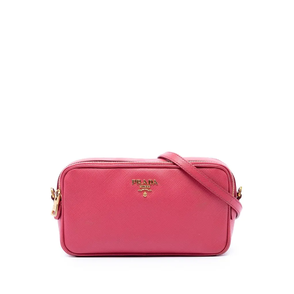 Prada Mini Saffiano Double Zip Camera Bag Pink Leather Very good - Front View