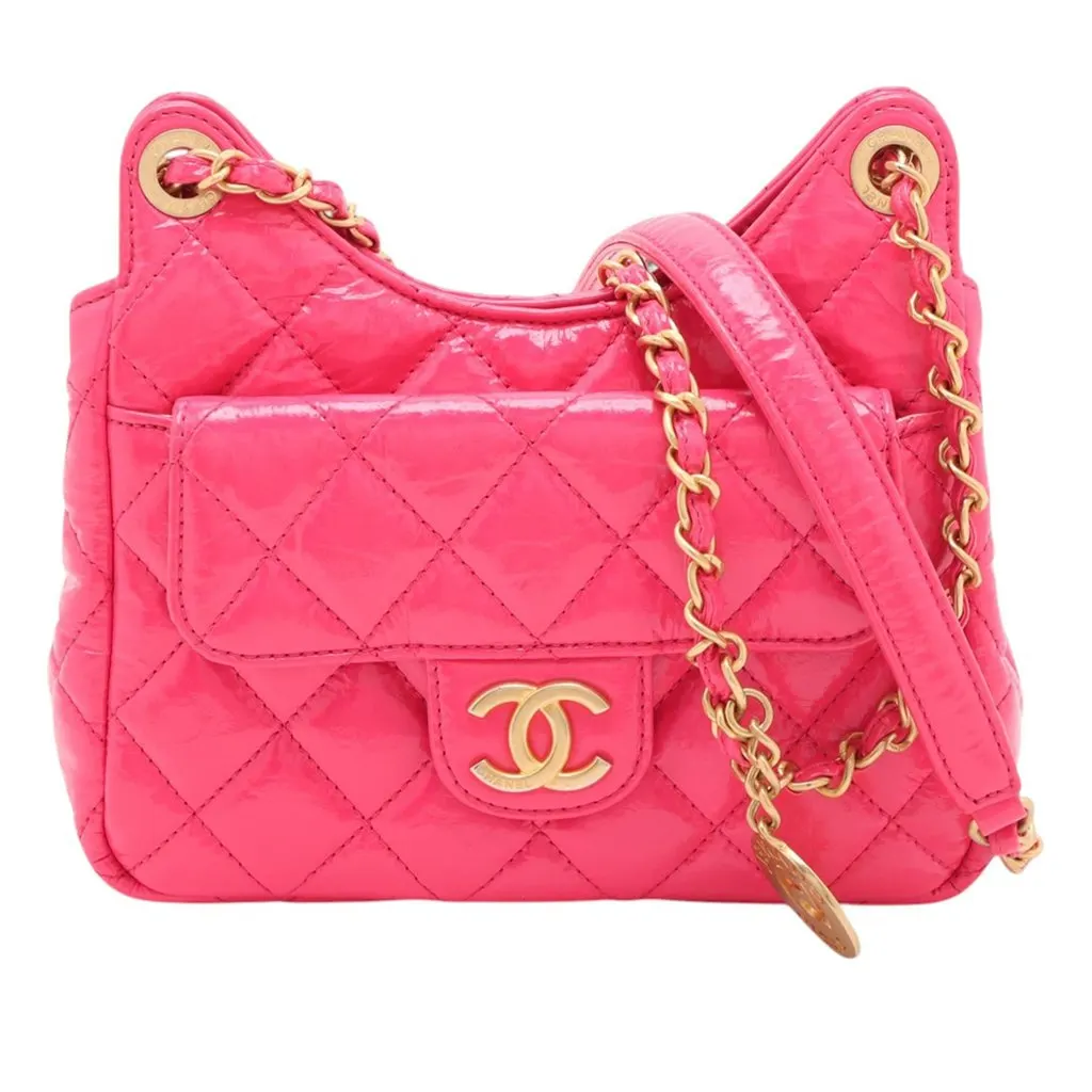Chanel Medium Shiny Crumpled Calfskin Wavy CC Hobo Pink Leather Very good - Front View