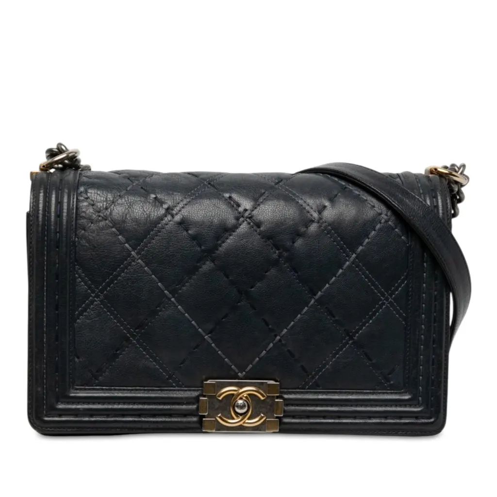 Chanel Medium Quilted Calfskin Wild Stitch Boy Flap Black Leather Good - Front View