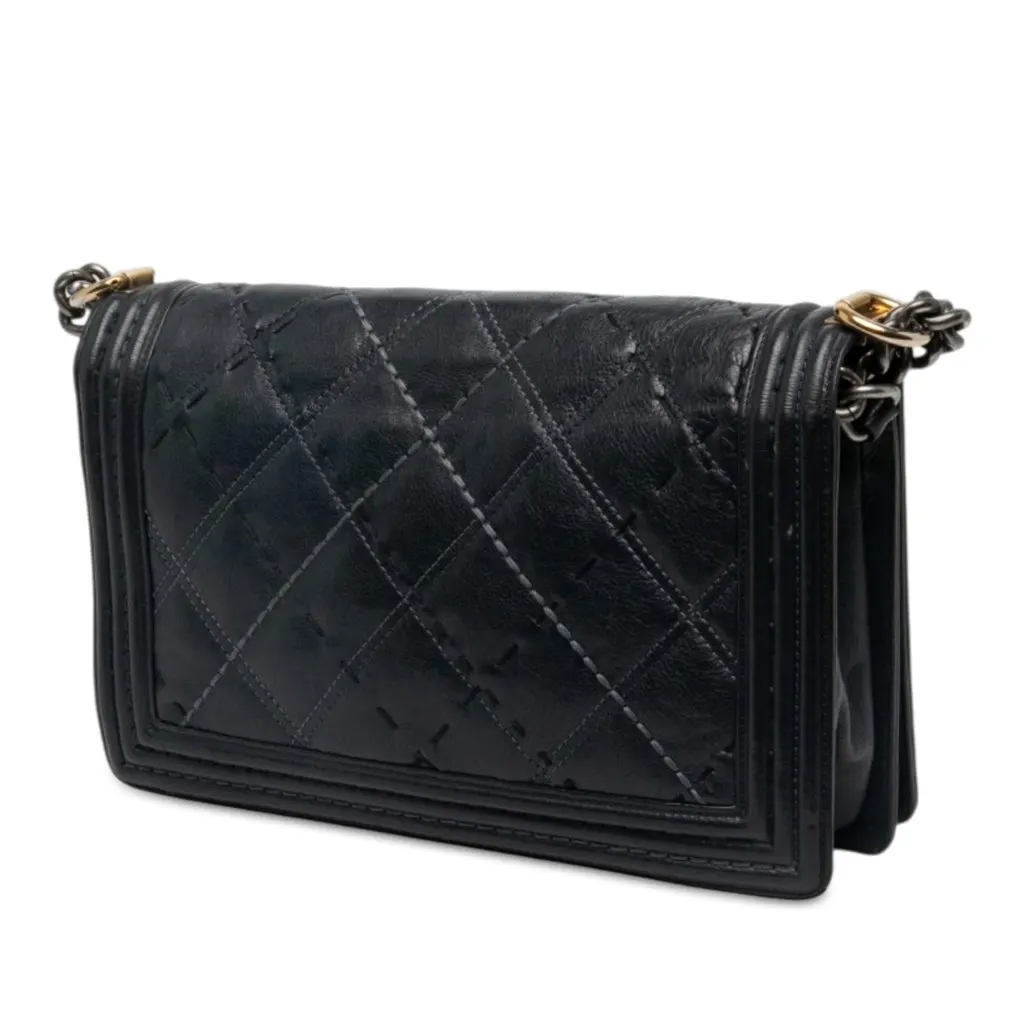 Chanel Medium Quilted Calfskin Wild Stitch Boy Flap Black Leather Good - Back View