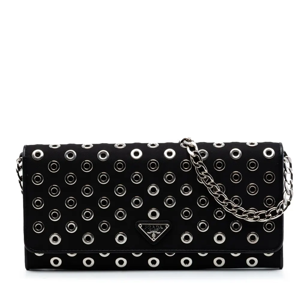 Prada Tessuto Grommet Wallet On Chain Black Very good - Front View
