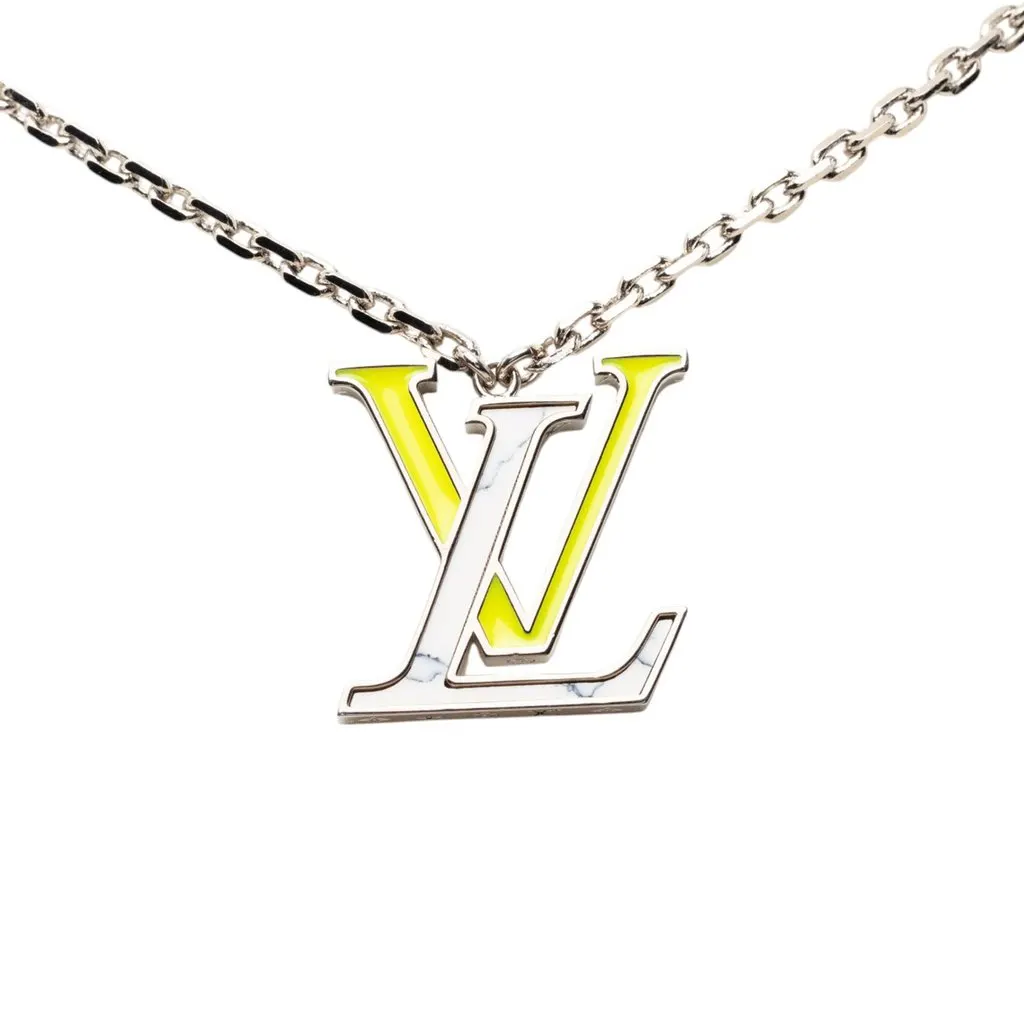 Louis Vuitton Brass Enamel Resin LV Colors Pendant Necklace Silver Metal Very good - Back View