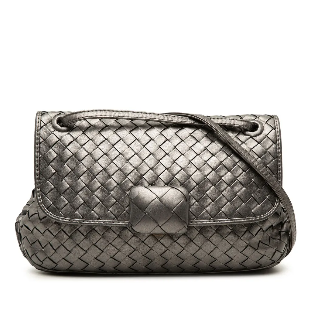 Bottega Veneta Metallic Nappa Intrecciato Flap Silver Leather Very good - Front View