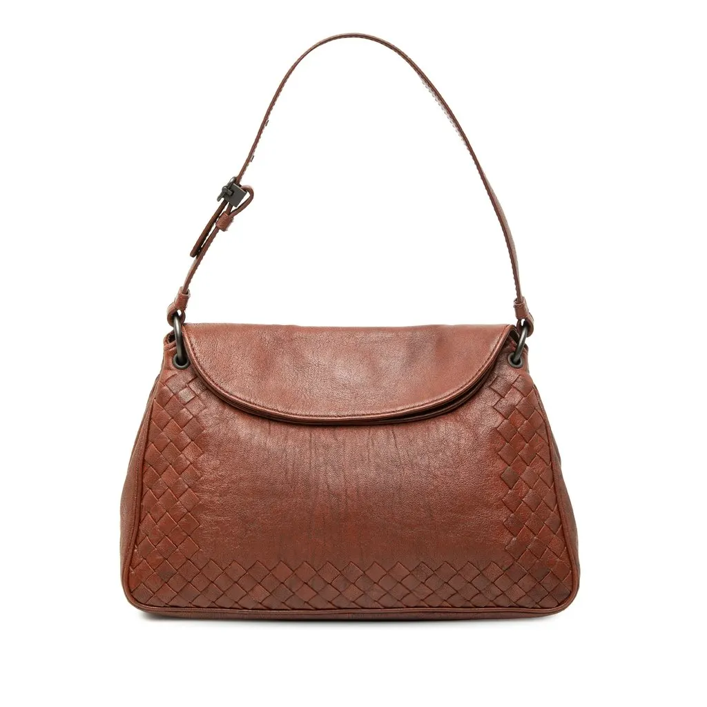 Bottega Veneta Intrecciato Trimmed Nappa Double Flap Shoulder Bag Brown Leather Good - Front View