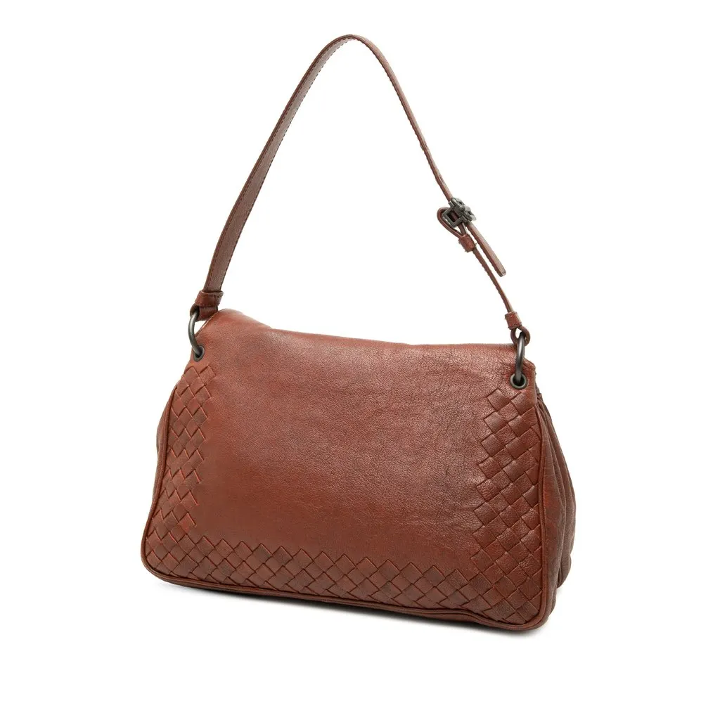 Bottega Veneta Intrecciato Trimmed Nappa Double Flap Shoulder Bag Brown Leather Good - Back View