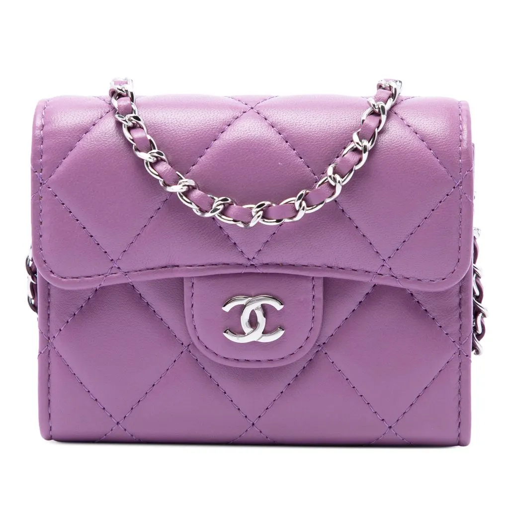 Chanel CC Quilted Lambskin Flap Card Holder on Chain Purple Leather Very good - Front View
