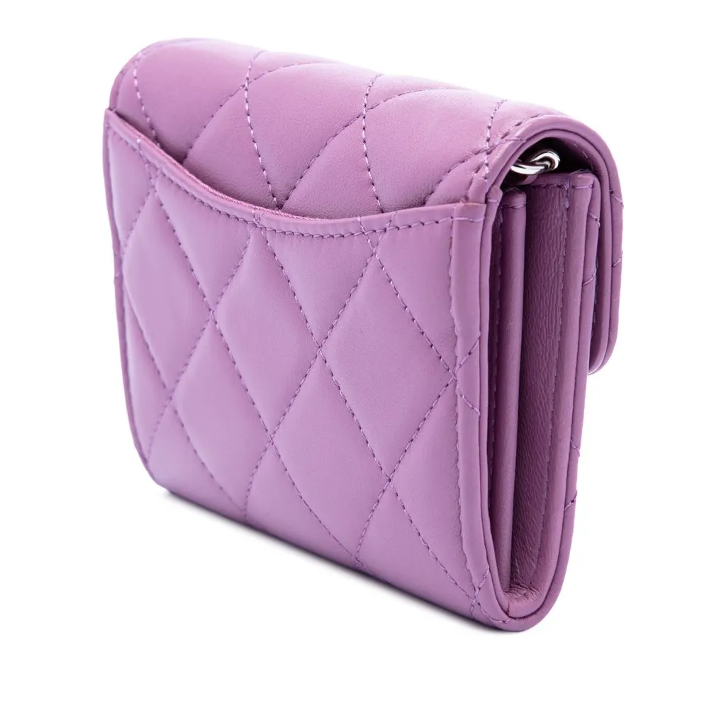 Chanel CC Quilted Lambskin Flap Card Holder on Chain Purple Leather Very good - Back View