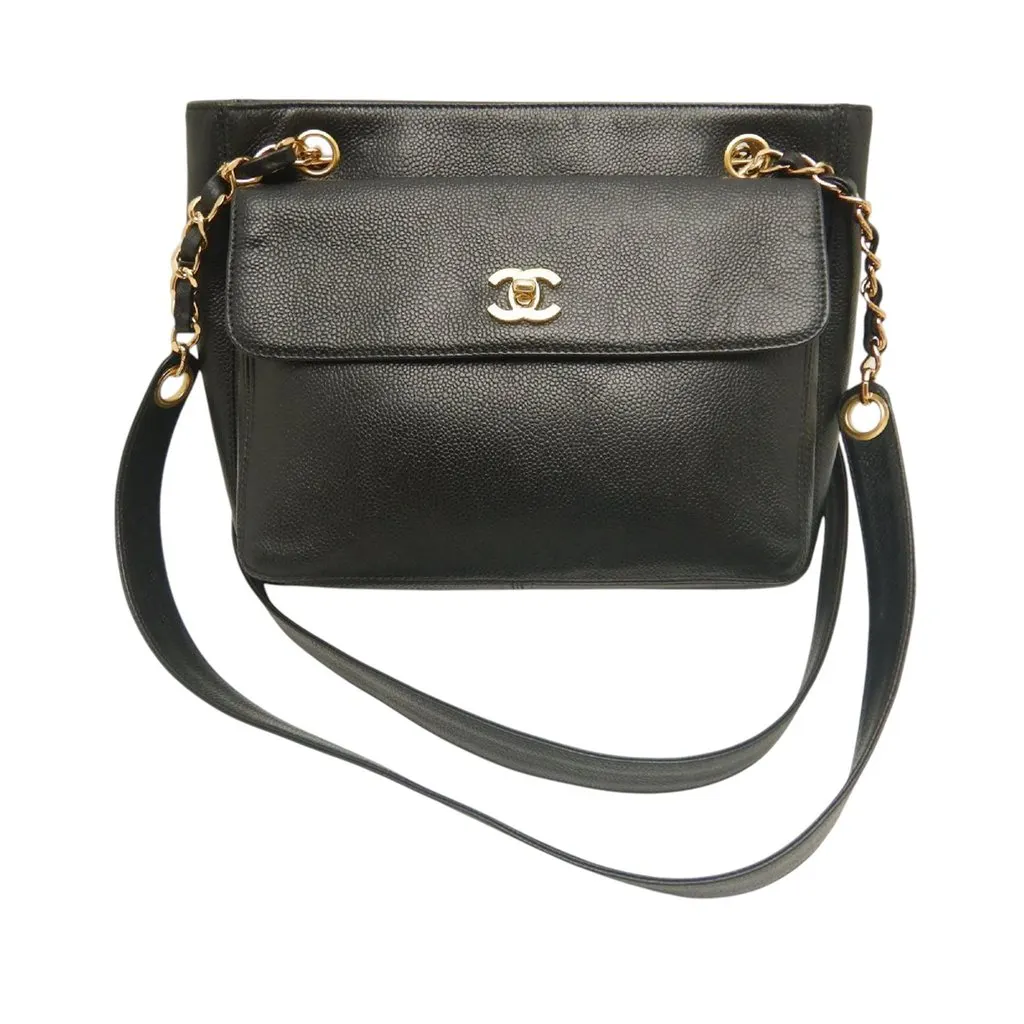 Chanel CC Caviar Front Pocket Chain Tote Black Leather Very good - Front View